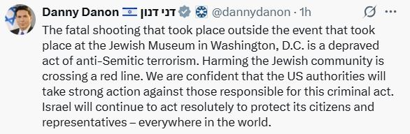 以色列常驻联合国代表丹尼·达农在社交平台X上发文谴责凶手。 X@Danny Danon